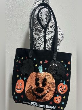 Disney Halloween Pumpkin Mickey Mouse Canvas Black/Orange Sequin  Tote Bag